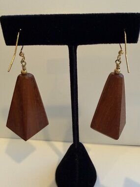 Handmade Wooden Geometric Pyramid Dangle Earrings Brown Boho Statement Jewelry